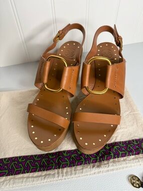 Tory Burch Ravello Tan Leather O-Ring Studded Platform Wedge Sandal 7 + Dust Bag